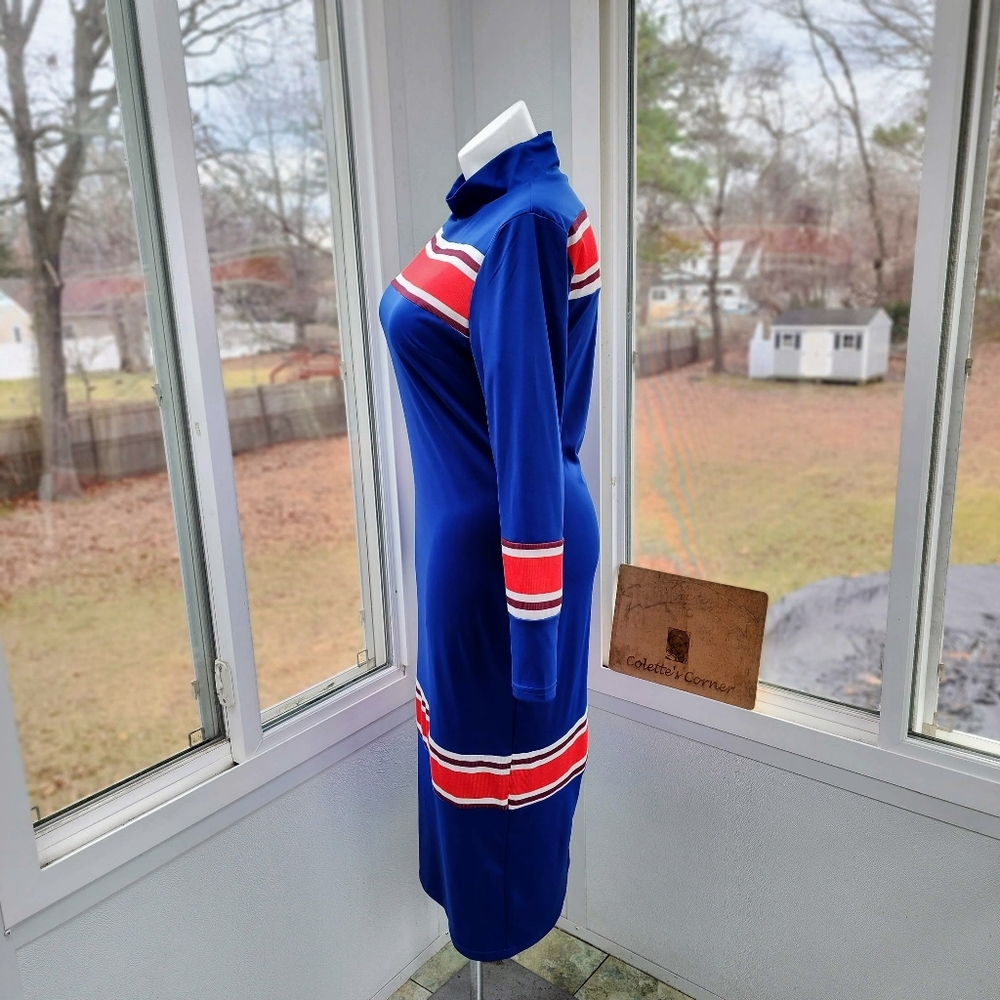 Royal Blue Red & White Ribbed Striped Mock Neck Maxi Column Knit Dress - Picture 9 of 16